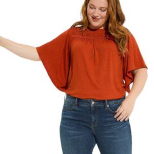 Torrid Knit Crewneck Smocked Flutter Sleeve Top with Lace Accent Size 1X